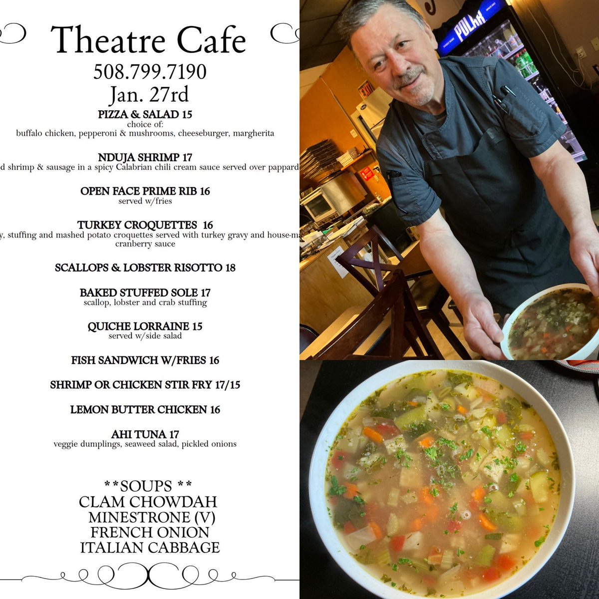 If you find yourself in downtown Worcester at lunchtime today, Theatre Café at 529 Main Street (between City Hall and the Hanover Theatre) will be more than happy to warm you up!