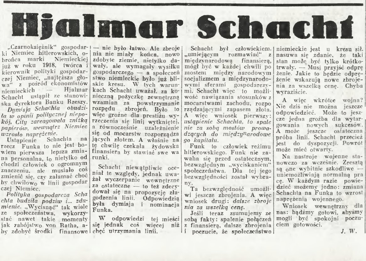 Tymczasem #TegoDnia - prasówka jest niezwykle ciekawa. "ABC: nowiny codzienne" z 27 I 1939 r. o wnioskach po dymisji Hjalmara Schachta - "wniosek drugi: dalsze zbrojenia za wszelką cenę (...) A więc wkrótce wojna?"