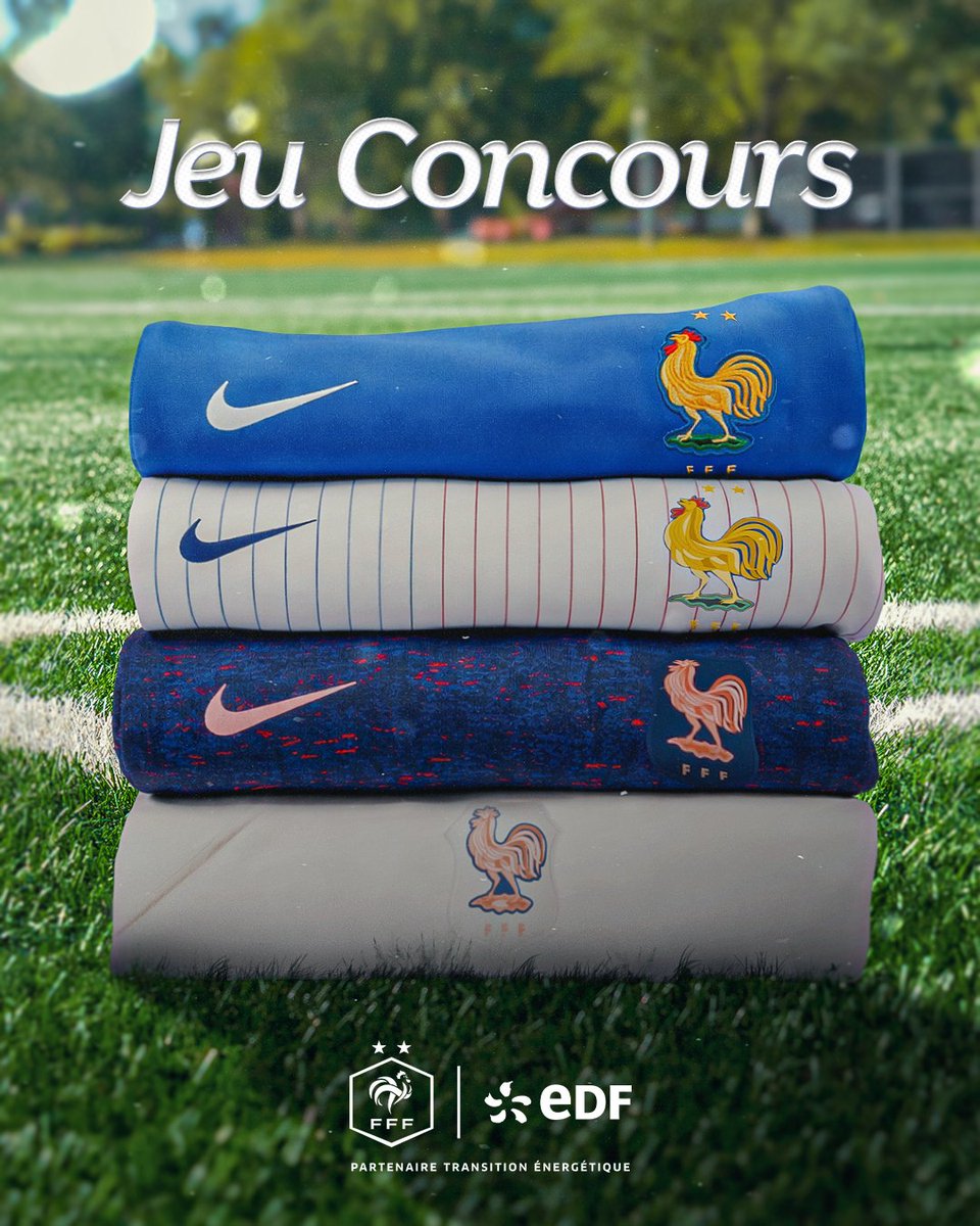𝐉𝐄𝐔 𝐂𝐎𝐍𝐂𝐎𝐔𝐑𝐒

On continue de vous gâter
Tentez de remporter l’un des 4 maillots officiels de l’Équipe de France
- Domicile ou extérieur, Equipe de France masculine ou féminine

Pour participer :
- Suivez <a href="/EDF_Foot/">EDF Foot</a> 
- RT ce tweet

TAS : 09/02

Bonne chance à tous 🤞