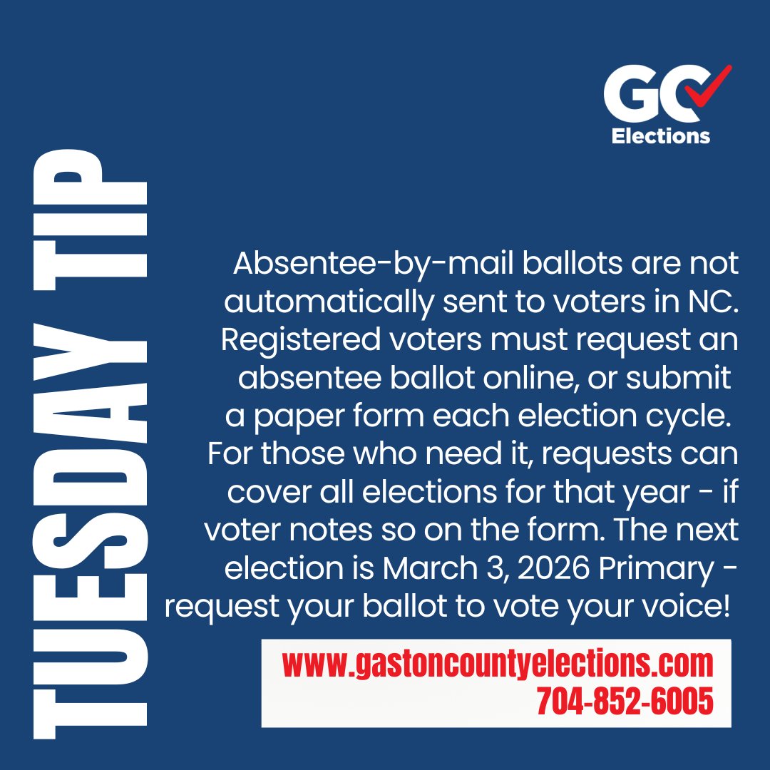 Absentee voting has begun for the next election -  March 3 Partisan Primary when Democrat, Republican and Unaffiliated voters are asked to narrow the field of candidates for this fall's General Election. Find more - ncsbe.gov/voting/vote-ma… - &amp; request your ballot today!