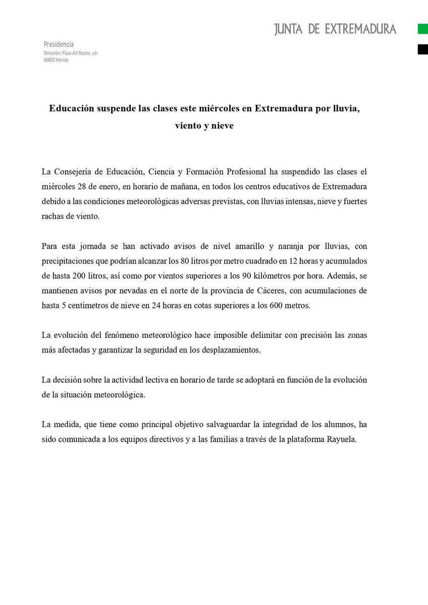 La Consejería de <a href="/educacionEXT/">Educación, Ciencia y Formación Profesional</a> suspende las clases el miércoles 28 de enero, en horario de mañana, en todos los centros educativos de Extremadura debido a las condiciones meteorológicas adversas.