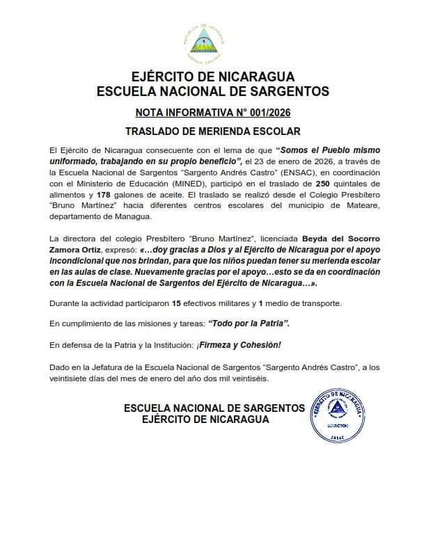 EjercitoNic's tweet photo. #NOTAINFORMATIVA | A través de la #EscuelaNacionalDeSargentos, en coordinación con el @minednicaragua, se participó en el traslado de 250 quintales de alimentos y 178 galones de aceite, hacia diferentes centros escolares de #Mateare. #TodoPorLaPatria https://t.co/gArVrD4QtZ
