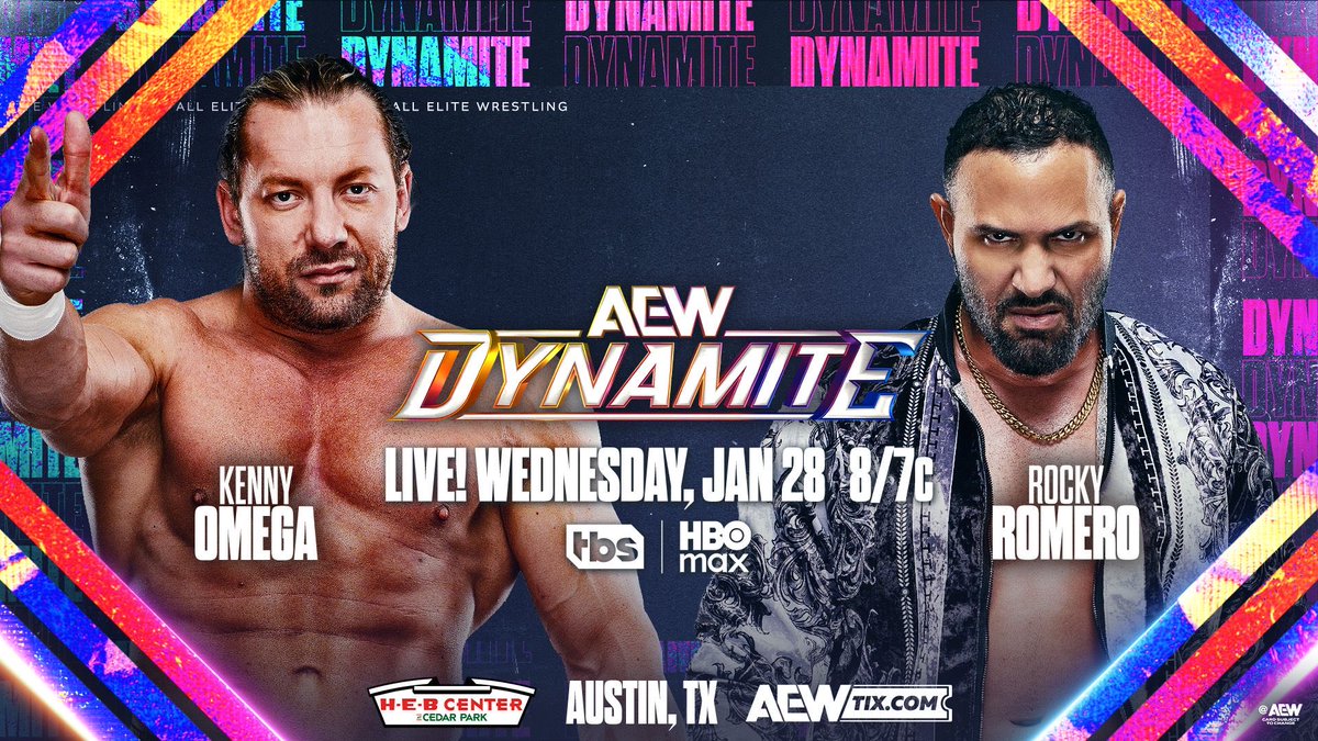 TonyKhan's tweet image. Wednesday Night #AEWDynamite
8/7c, TBS + HBO Max, Austin TX
TOMORROW, 1/28!

@KennyOmegamanX vs @AzucarRoc

After his win vs Josh Alexander, Omega said that @TheDonCallis Family doesn’t have a member that can beat him in his current condition, but Rocky wants his chance TOMORROW!