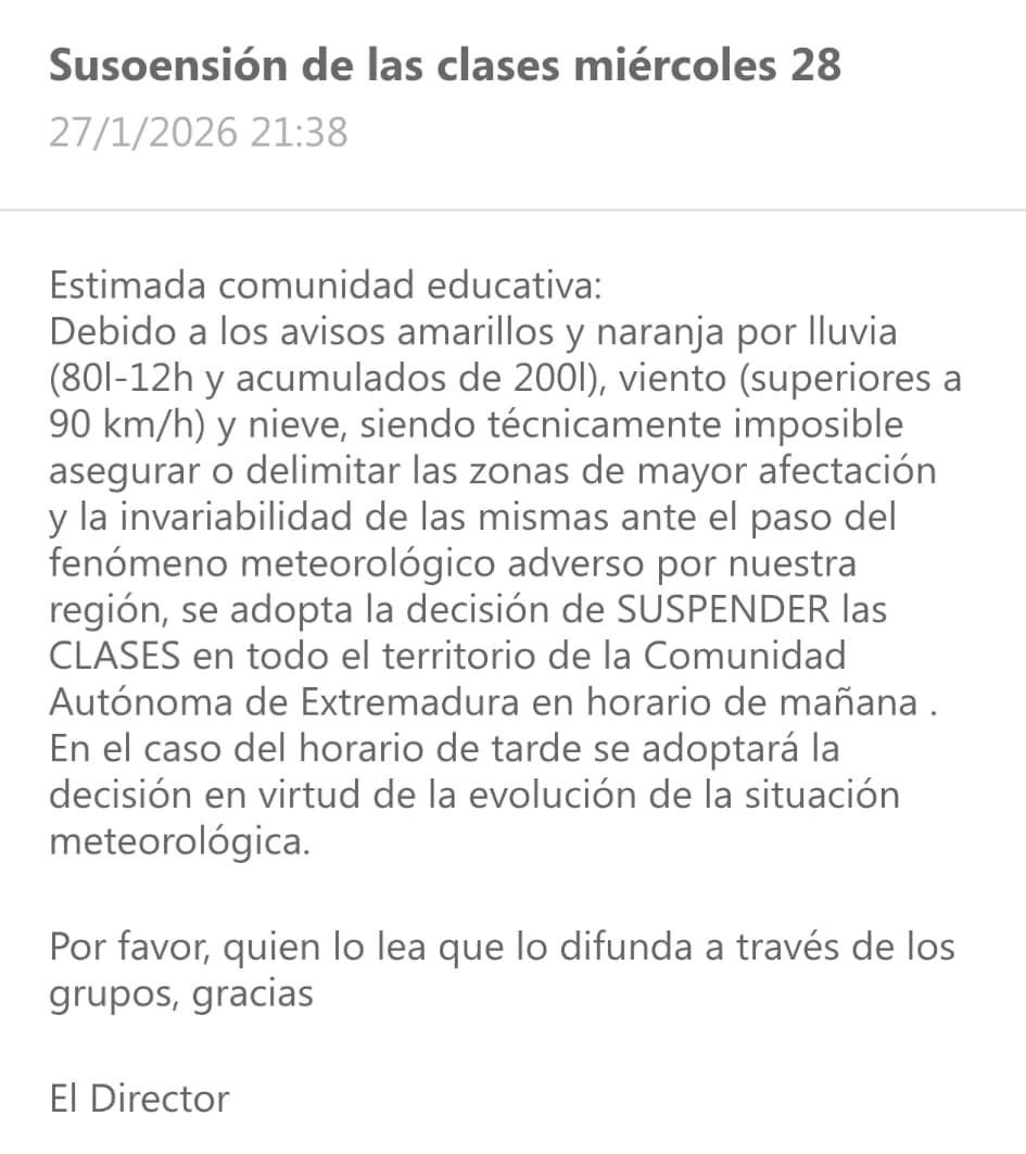 Un Rayuela de la Junta de Extremadura 
 avisa a las 22:00h de la suspensión de las clases para mañana en Extremadura, la plataforma ha colapsado y ello llevará a que muchas familias ni se enteren.

Más allá de la falta de previsión, hagamos que nadie se quede sin la información.