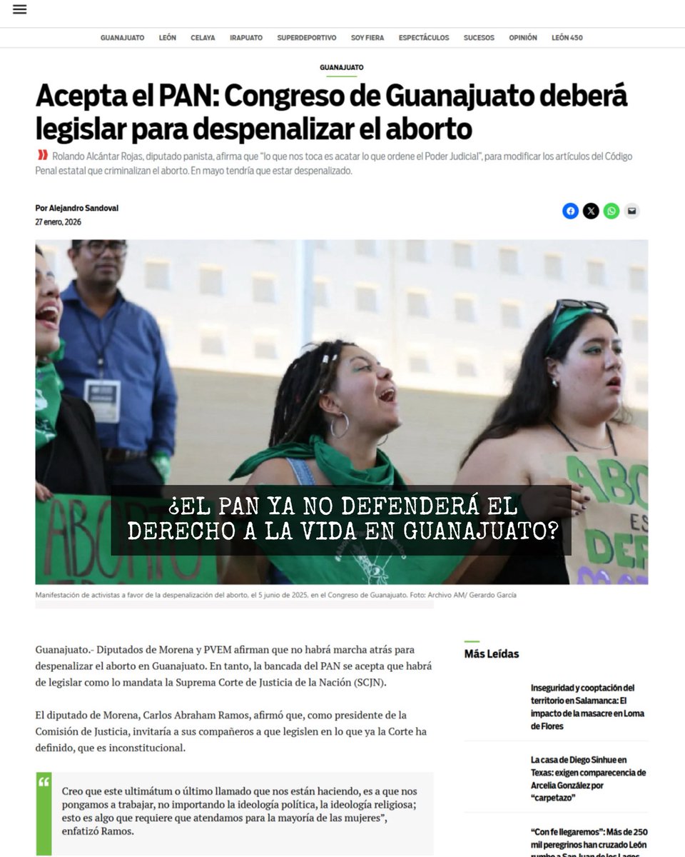CarlRamirezA's tweet image. ¿EL PAN YA NO DEFENDERÁ LA VIDA EN GUANAJUATO? 🚨

El Congreso del Estado de Guanajuato fue notificado por la Suprema Corte de Justicia, que tiene noventa días para modificar los artículos del Código Penal estatal que “criminalizan el aborto”.

En declaraciones públicas, el…