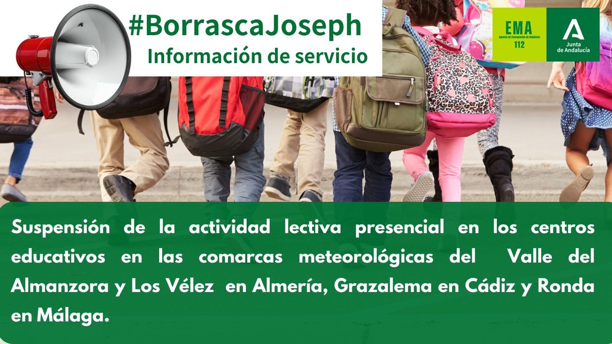 Miércoles 28 enero. La situación meteorológica motiva SUPENSIÓN de actividad lectiva presencial en centros educativos y asistenciales en 77 municipios de comarcas meteorológicas de: 
✅ Valle del Almanzora y Los Vélez #Almería
✅ Ronda #Málaga
✅ Grazalema #Cádiz
#BorrascaJoseph