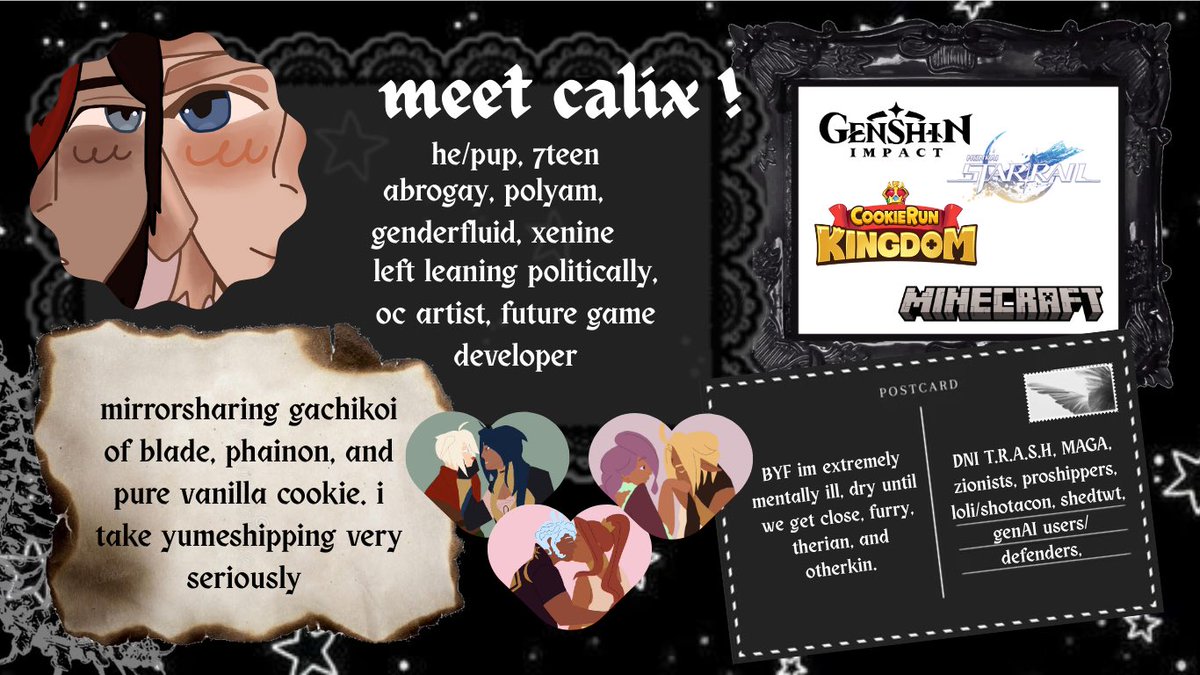 puppeluvvs's tweet image. #promotwt #moothunt   .  .  .

      ꒰  𓂃   ⚰️  calix   ♱  17  .
      e 𝜗𝜚  he / neos | bpdtism  
      𓎢𓎠𓎡   clxpup.straw.page  
      selective fb  🕸️  rspbyf !!  ★

☆ #yumetwt #gachikoitwt #selfshiptwt #genshintwt #hsrtwt #crktwt #arttwt #anitwt #hermittwt