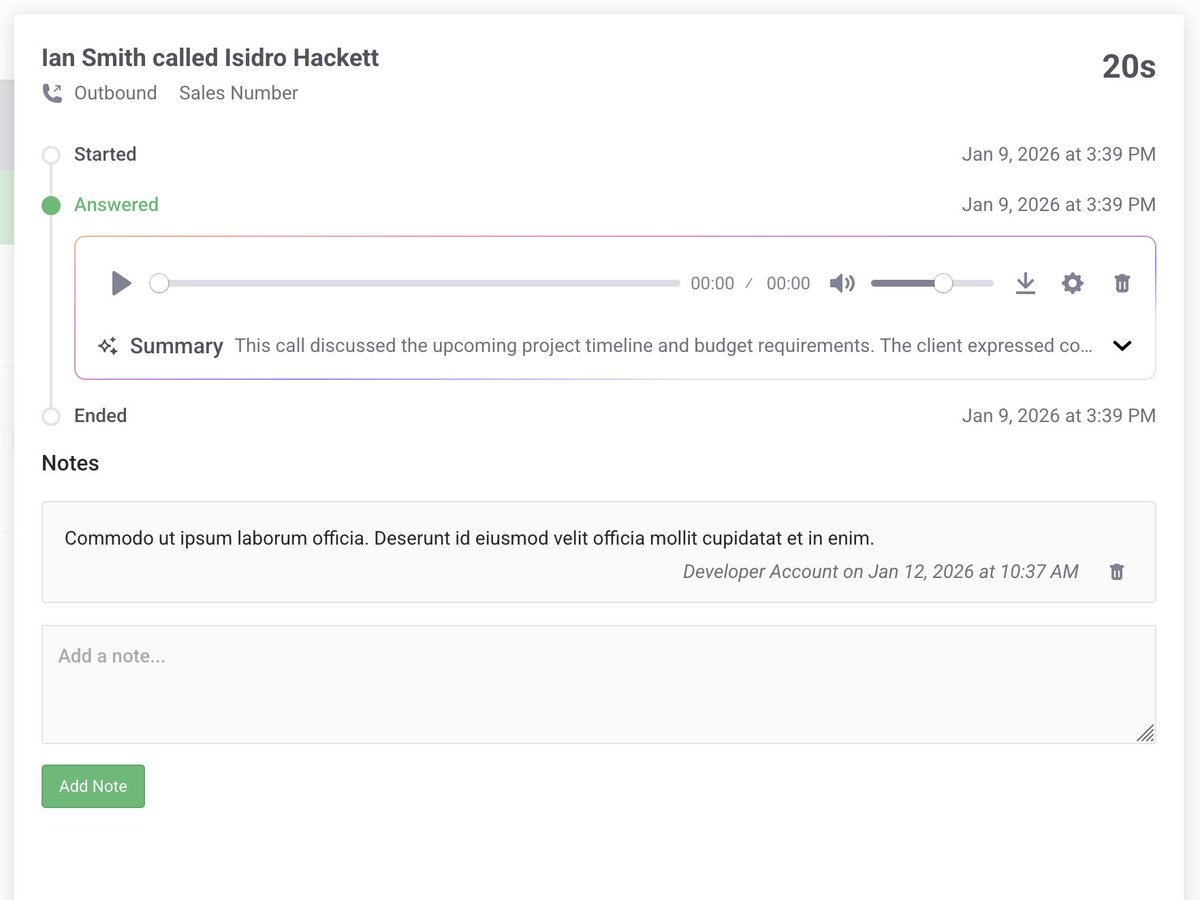 iansmithbuilds's tweet photo. Launched a new calling and texting integration in @sparkresoftware today. Call recording, AI summary, and notes all pulled into a timeline on the new call page. https://t.co/ayqa2fvWyk