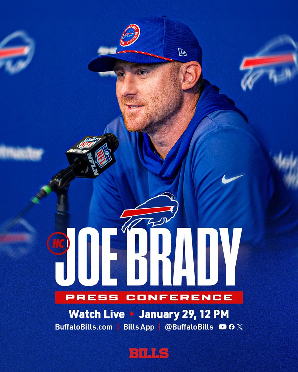 BuffaloBills's tweet photo. Head Coach Joe Brady’s introductory press conference will take place on Thursday at 12 pm. https://t.co/Z3xztxEJo8