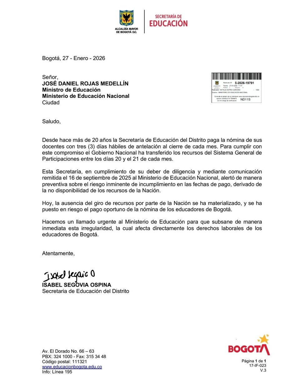 IsabelSegoviaO's tweet image. Por primera vez en 20 años, el gobierno nacional no le gira a @Bogota los recursos del SGP para pagar a tiempo la nómina de los docentes, según los acuerdos históricos con el magisterio de Bogotá. El miércoles 28 de enero solo los maestros financiados con recursos propios del…
