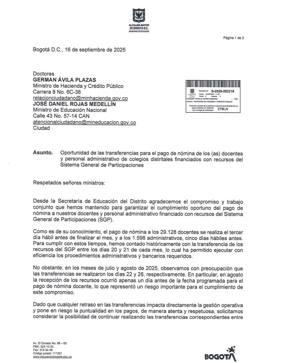 IsabelSegoviaO's tweet image. Por primera vez en 20 años, el gobierno nacional no le gira a @Bogota los recursos del SGP para pagar a tiempo la nómina de los docentes, según los acuerdos históricos con el magisterio de Bogotá. El miércoles 28 de enero solo los maestros financiados con recursos propios del…