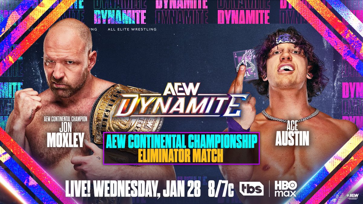 TonyKhan's tweet image. Wednesday Night #AEWDynamite
8/7c, TBS + HBO Max, Austin, TX
TOMORROW!

AEW Continental Title Eliminator
@JonMoxley vs @The_Ace_Austin

Mox will give Ace the fight he wanted on Collision!
If Ace wins or goes the time limit, he gets a future title shot vs Mox!
They fight TOMORROW!