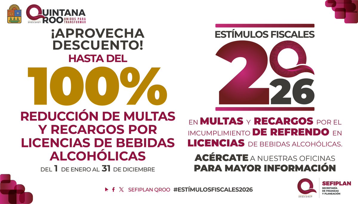 Sefiplanqroo's tweet photo. 🍹 Estímulos Fiscales 2026
Obtén hasta 100% de reducción en multas y recargos por refrendo de licencias de bebidas alcohólicas.
📲 https://t.co/hCRQPdwJhp
#BEBAL 
#UnidosParaTransformar https://t.co/5KgJJVZU7H