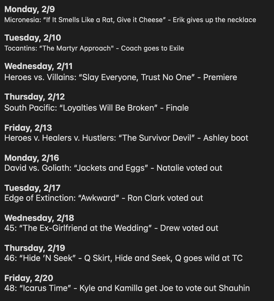 AMikeBloomType's tweet image. CBS has announced the 10 "iconic #Survivor episodes" that will air in the "Road to 50" programming lineup, starting 2/9 and leading into the #Survivor50 premiere on 2/25