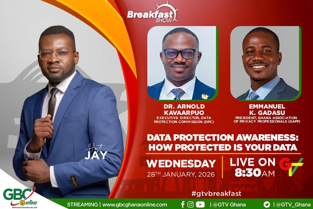 DPC_Ghana's tweet photo. How safe is your personal data in today’s digital world? 

Tune in to the GTV Breakfast Show tomorrow 28th January 2026 at 8:30am live on GTV as experts in the industry break it down. 
#DataProtectionWeek #YourDataYourIdentity
#PrivacyMatters #DigitalTrust #GTVBreakfast #DPCGhana https://t.co/GSOEDBW7Ub