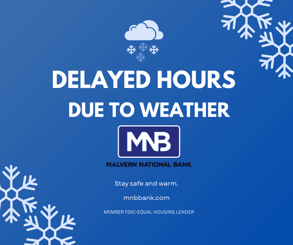 mnbbank's tweet photo. ⚠️ Update – Delayed Hours ⚠️
All Malvern National Bank locations will be open on Wednesday, Jan. 28th,  from 10 AM – 4 PM due to the weather.
💻 Bank anytime with online banking or our mobile app—available 24/7.#MalvernNationalBank #BankingUpdate #WeatherNotice #OnlineBanking https://t.co/fqR07kUdyt