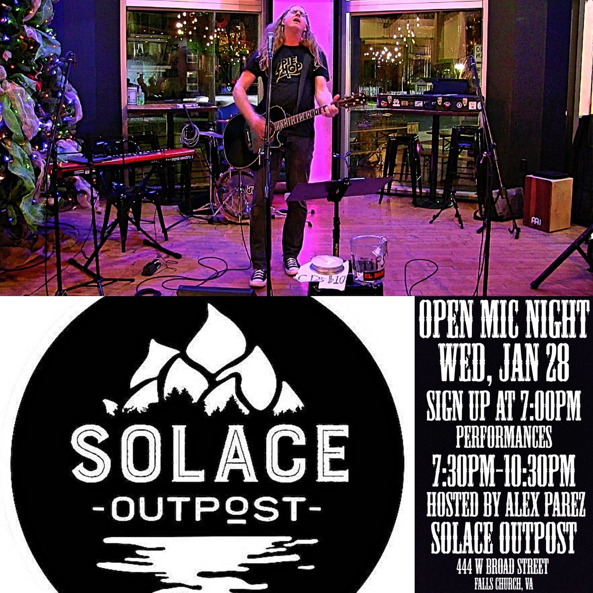 Tomorrow night! Open Mic Night! At <a href="/SolaceOutpost/">SolaceOutpost</a> in Falls Church! Sign up at 7:00pm, performances 7:30pm-10:30pm!

alexparez.com/shows

solacebrewing.com/?site=falls-ch…