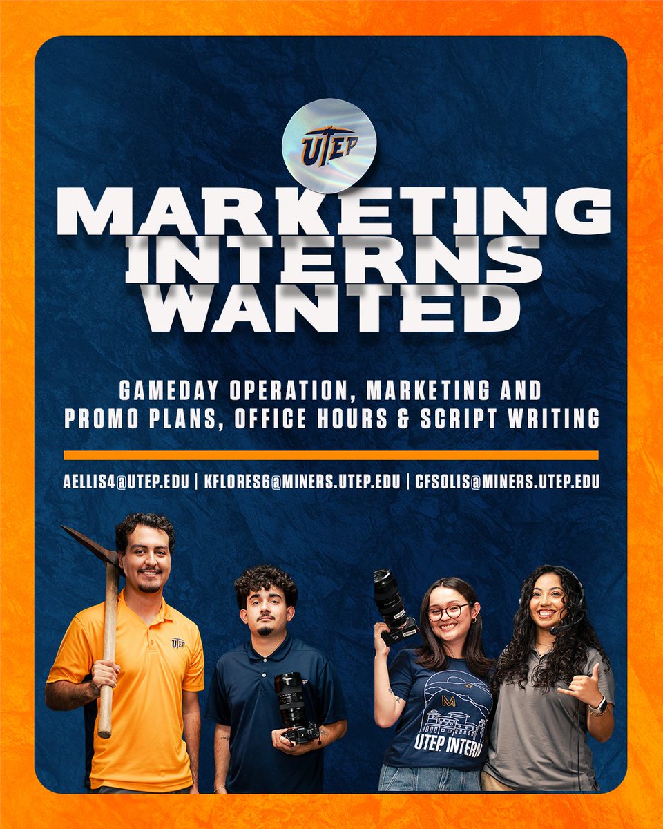 🗣️ Calling all UTEP students! We are now accepting interns for the 2026 academic school year. To apply, email your resume to one of the emails in the graphic!

#PicksUp
