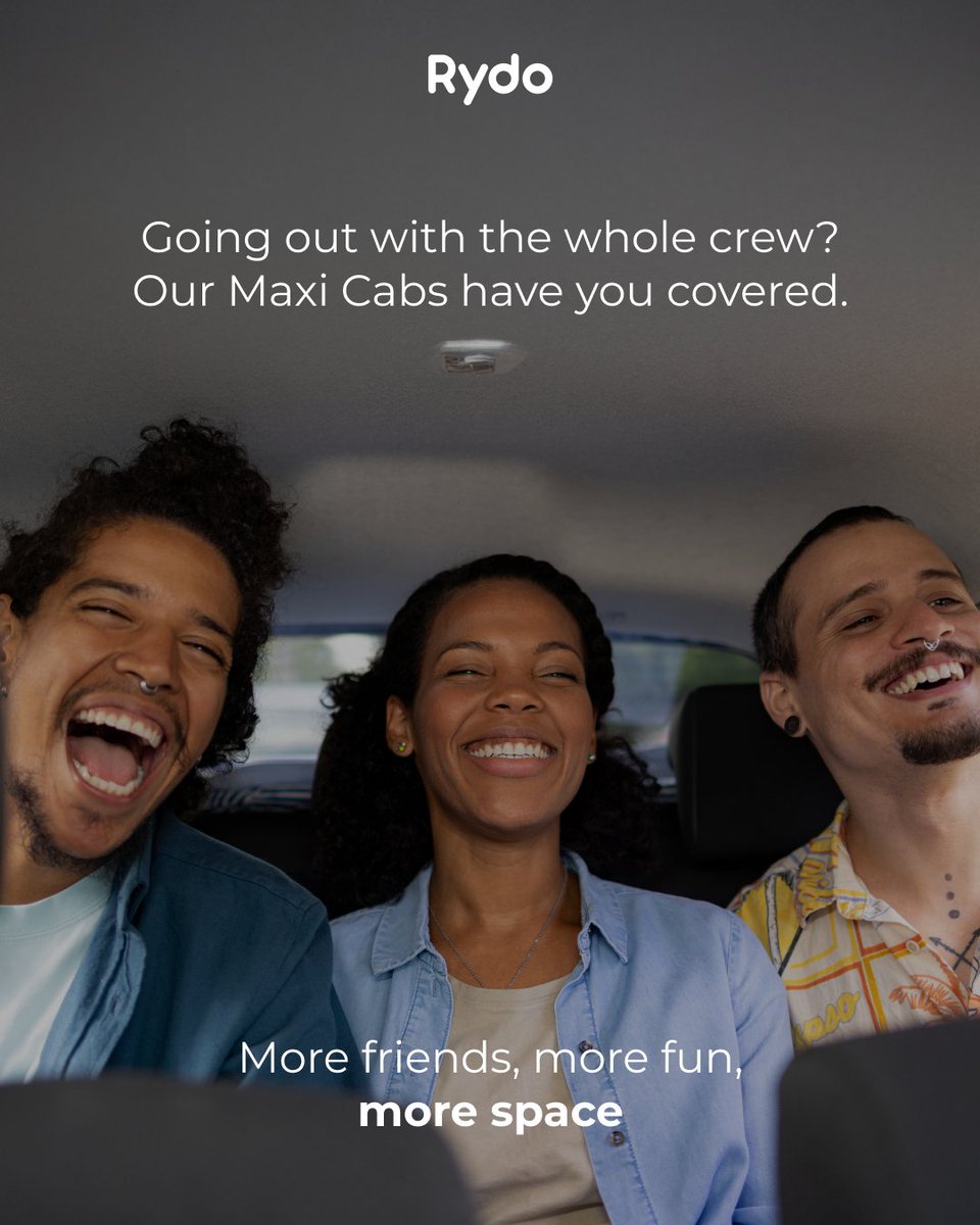 RydoApp's tweet photo. Big Plans? Bring the Whole Crew! 🚕🙌

Don't let your group get split up between multiple cars. When you're going out with the whole crew, Rydo's Maxi Cabs have you covered. https://t.co/EBkJNPtemq