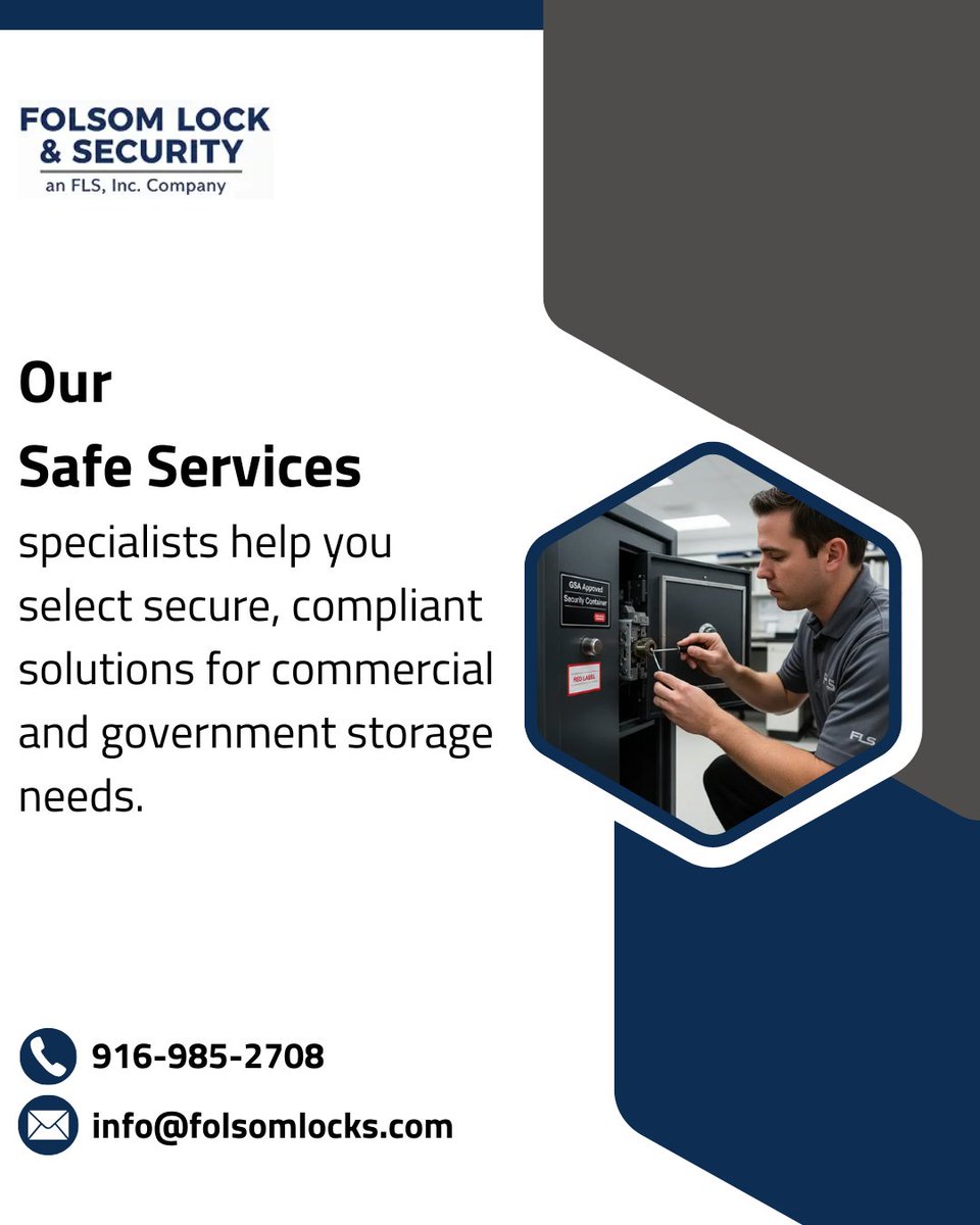 FolsomLocks's tweet image. Choosing the right safe can be overwhelming. Our Safe Services specialists help you select secure, compliant solutions for commercial and government storage needs.
#LocksmithServices #LockInstallation #SafeInstallation #SteelDoorSecurity #GateRepair