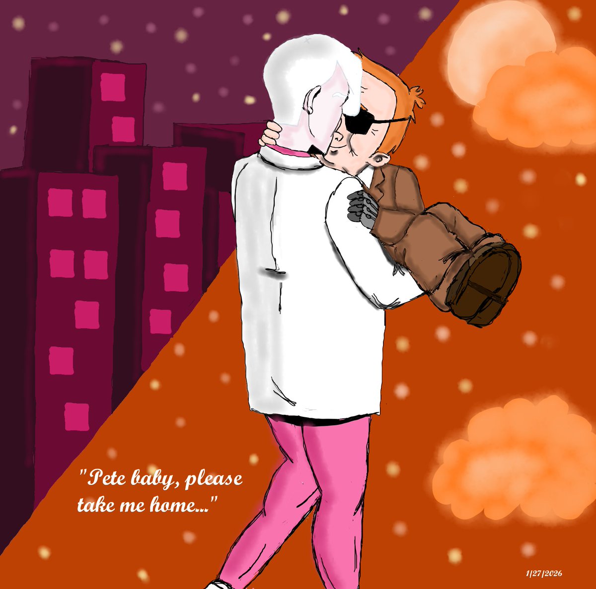 "Pete baby, please take home" ~ 🧡🩷
--
PeteBilly art for <a href="/midtowncowboys/">Sybil ੯‧̀͡⬮</a>
based on a few moments in her fic~ 

Love you oomfie! ^_^ I hope you enjoy! 
#petebilly #venturebros #theventurebros #fanart
