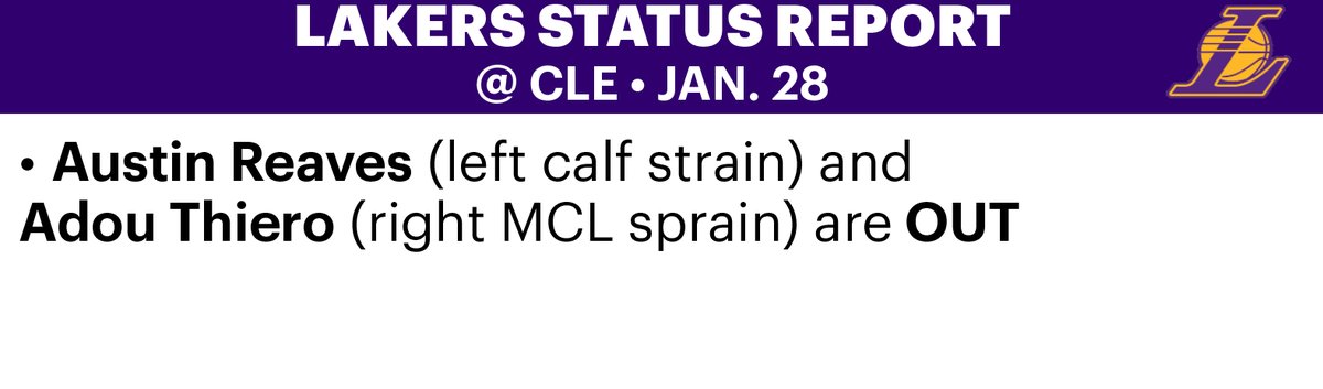 Lakers' injury report for tomorrow's game against the Cavs - Austin Reaves and Adou Thiero remain OUT