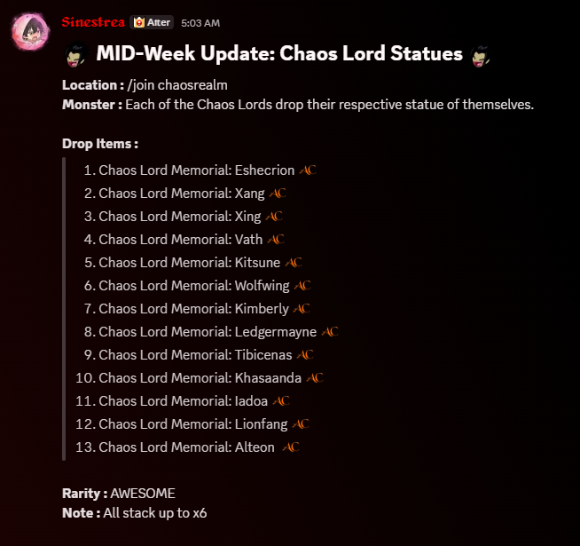 Datenshi6699's tweet photo. 🔥 MID-Week Update: Chaos Lord Statues 🔥

/join chaosrealm &amp; bonk all the chaos lord there.
Each of the Chaos Lords drop their respective statue of themselves.

* AC TAGGED AWESOME RARITY
* All stack up to x6

Have a good day ^^ https://t.co/ZVk3Po94Rl