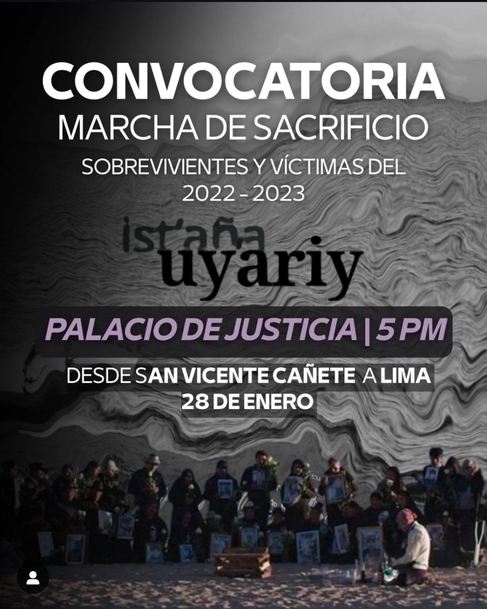 tikapuka's tweet photo. Mañana miércoles #28Enero llega a Lima la #MarchaDeSacrificio de víctimas de #DinaAsesina y Jerí. Esta fecha se conmemora a Víctor Santisteban, asesinado x solidarizarse. Aquí convocatorias de la Asoc. Nac. de familiares y colectivos desde las 5:00 p.m. en el Palacio de Justicia. https://t.co/oOCyPzy9IU
