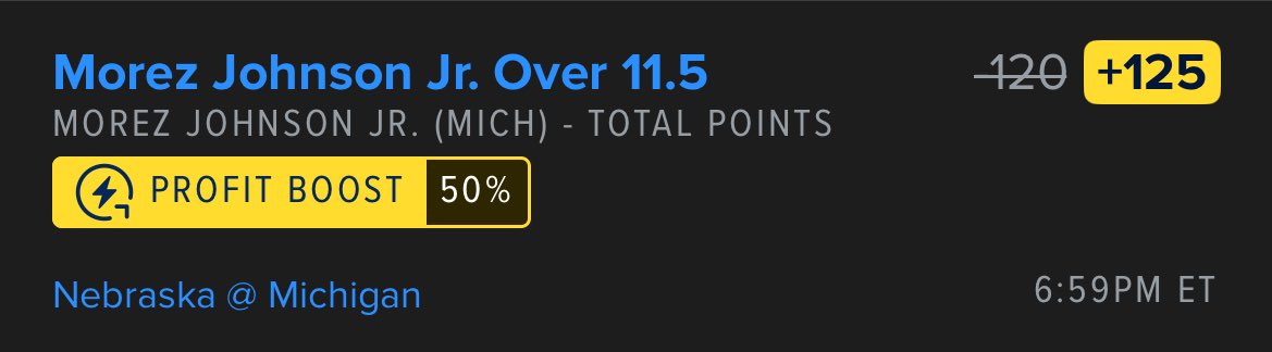 ant_potts's tweet image. #NCAAB 

🎯 Morez Johnson Jr. o11.5 pts -120/+125 50% Boost @FDSportsbook