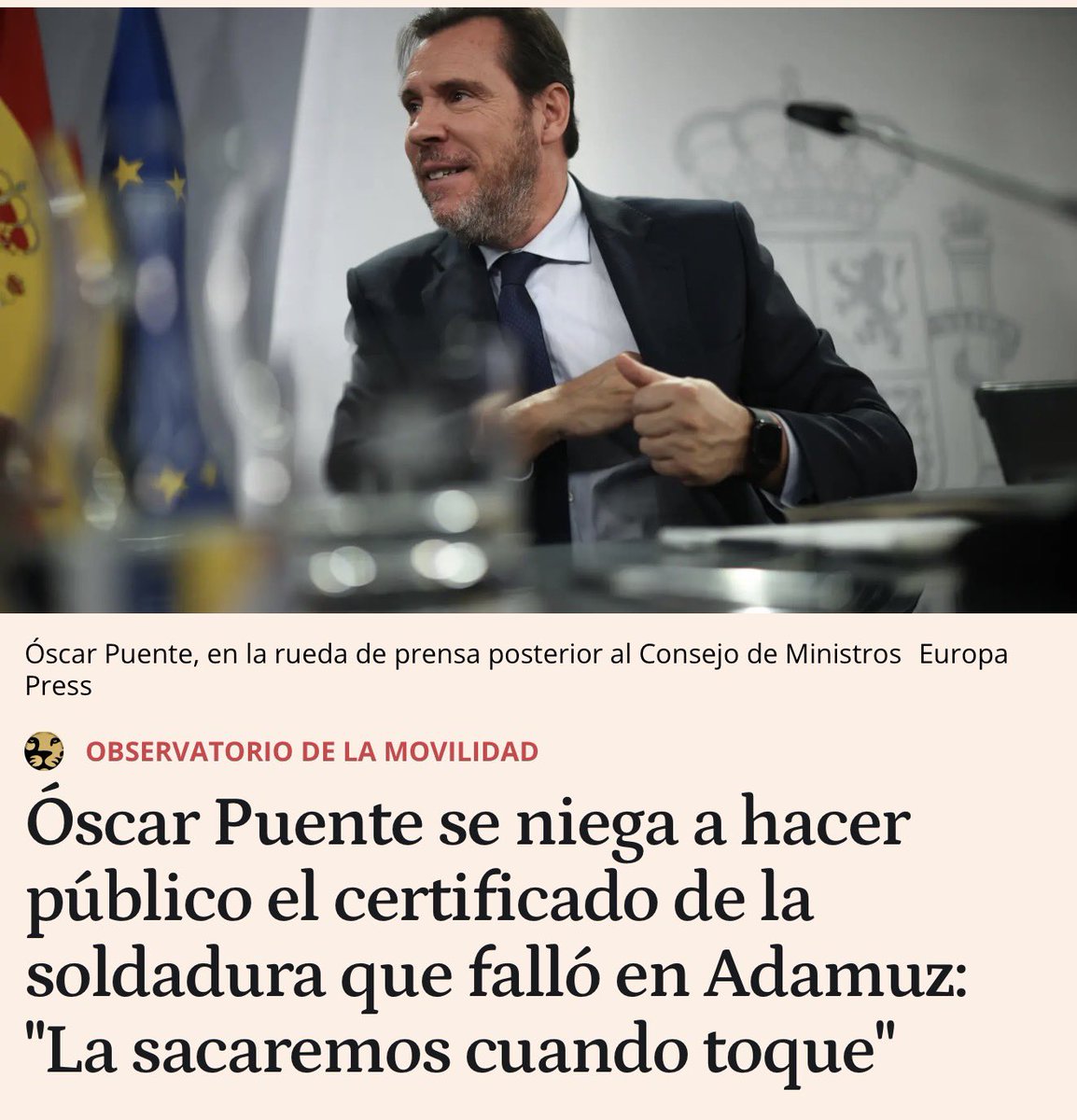 FroilLannister's tweet photo. ¡Vaya, hombre!

Resulta que Oscar Puente, tras asegurar que era todo transparencia y presentar todos los días algún documento o informe, ahora no le apetece presentar justo el de la realización de la soldadura. Curiosamente, el único que es realmente clave para esclarecer el motivo del descarrilamiento.