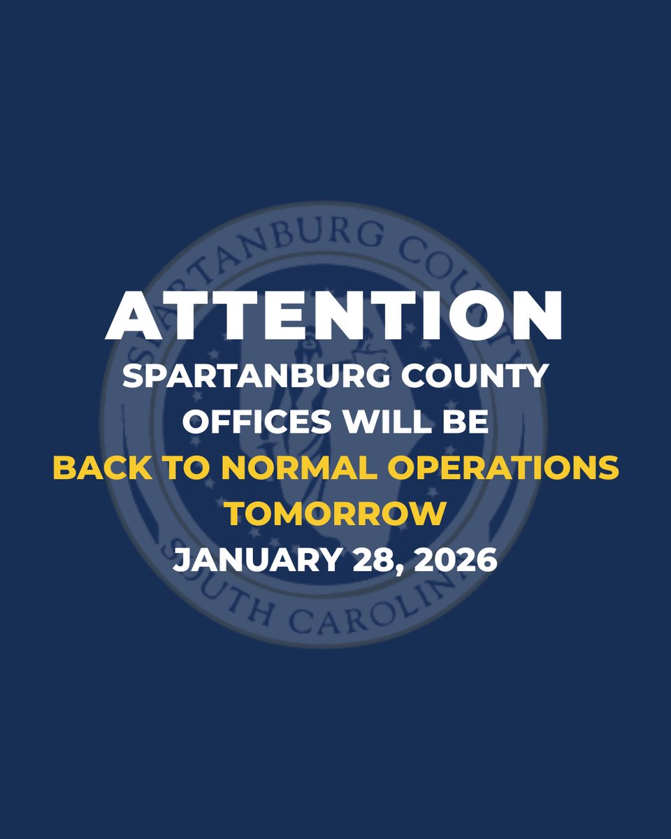 All Spartanburg County offices will open and operate as usual tomorrow, Wednesday, January 28th.