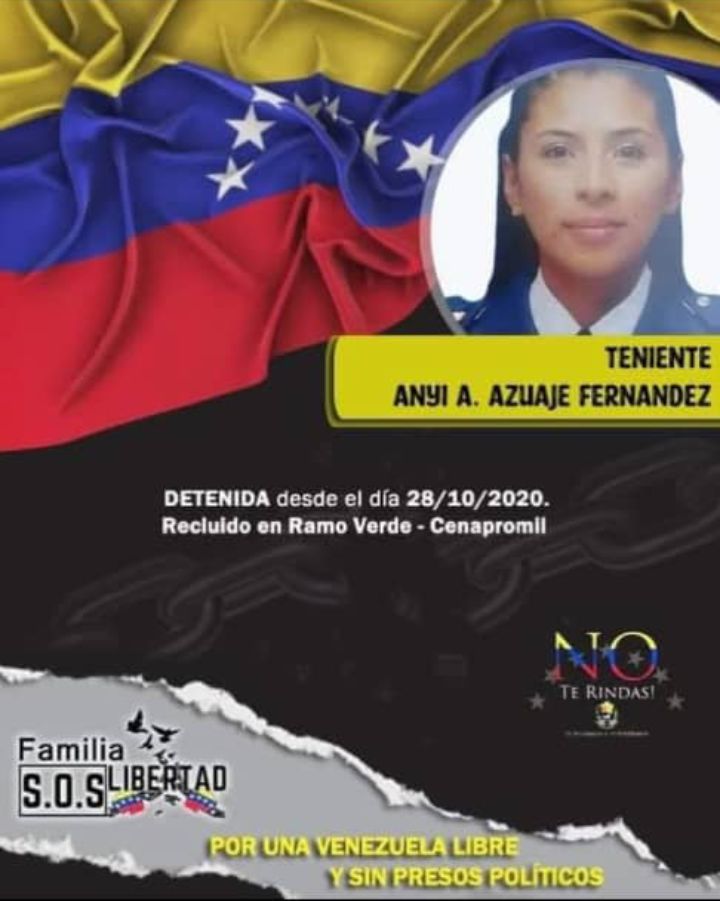 ¡Una joven militar lleva 5 años presa por haber pedido la baja al no estar de acuerdo con la politización militar! Anyi Andreína Azuaje Fernández es una S/D de la Aviación  perteneciente a la promoción del año 2018 de la Academia Técnica Militar. Fue detenida en octubre de 2020 y