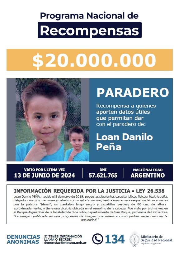 🚨 AUMENTARON A 20 MILLONES DE PESOS LAS RECOMPENSAS POR LOAN Y POR LIAN
- En el caso Loan, hay siete detenidos que van a juicio y ni un rastro del nene desaparecido en Corrientes.
- En el caso de Lian, desaparecido en Córdoba no hay una sola pista.