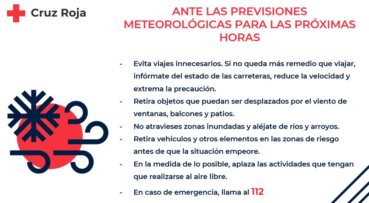 CruzRojaEX's tweet photo. Ante los avisos #FMA por #Viento #Lluvia y #Nieve que afectarán a Extremadura en las próximas horas, recuerda estos consejos de @CruzRojaEsp e informate solo de fuentes oficiales ==> @AEMET_Esp @JuntaEx112  @DGTes https://t.co/rlJFQQHSQ3