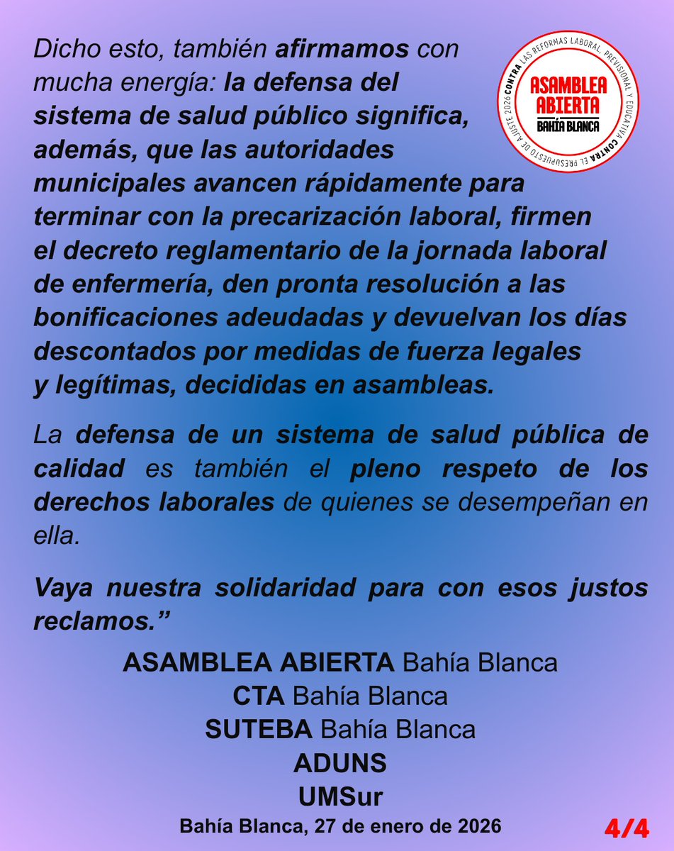 APOYAMOS y ACOMPAÑAMOS el reclamo de mayor presupuesto para nuestro Hospital Municipal como así también mejores condiciones salariales y laborales para los y las trabajadoras de la salud que trabajan en él.
<a href="/HtalMunicipalBB/">Hospital Municipal</a> <a href="/MunicipioBahia/">Municipio Bahía Blanca</a> <a href="/CICOP_ok/">CICOP</a>