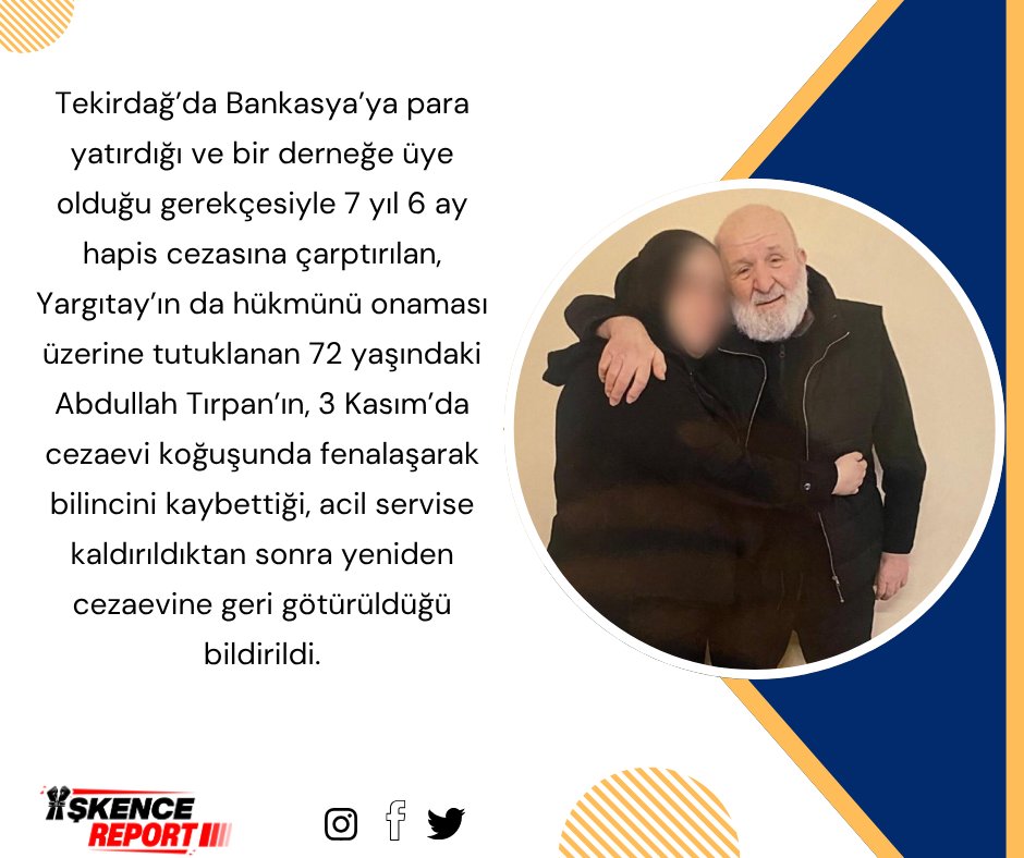 10 ayda 40 defa doktora götürülen hasta tutuklu Abdullah Tırpan(72)'a ATK cezaevinde kalabilir raporu verildi!

Ağır hasta Abdullah Tırpan'ın yeri cezaevi değildir!

BununAdı İşkencedir