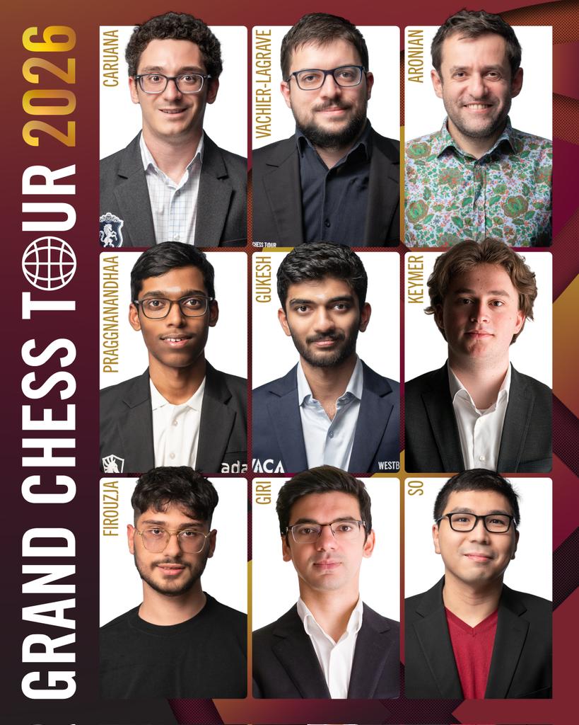 The full field of nine full-tour 2026 #GrandChessTour players has been revealed, featuring reigning World Champion Gukesh Dommaraju and reigning GCT Champion Fabiano Caruana! 
With a $2 million prize fund, the world’s best will compete across the tour, with the season culminating