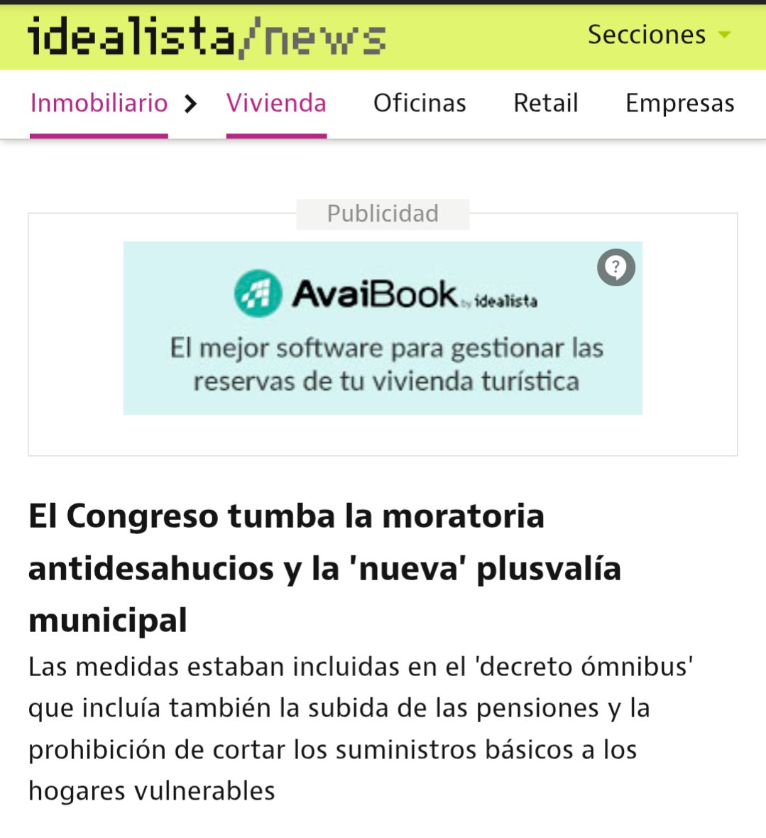 Catesomi's tweet photo. Por fin una buena noticia.
El Congreso tumba la injusta moratoria antidesahucios por alquiler.

Primer paso para devolver algo de cordura al mercado del alquiler y que millones de propietarios vuelvan a plantearse sacar sus pisos sin miedo a ser estafados o arruinados.
Ya era hora.