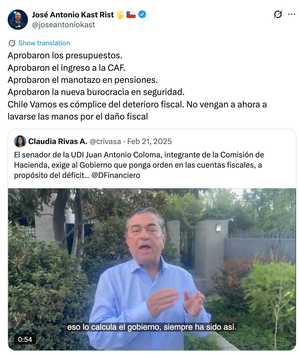 Ahora Kast viaja a encuentro de la CAF, pero hace menos de un año, denigraba a los políticos de Chile Vamos por aprobar el ingreso de Chile a la CAF.

Les ganó a punta de insultos y ahora los suma a su gobierno.