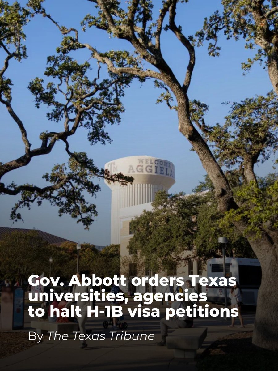 KUT's tweet image. Gov. Greg Abbott has directed all public universities and state agencies to freeze new H-1B visa applications, escalating his administration’s scrutiny of foreign workers employed at taxpayer-funded institutions. | via @TexasTribune  kut.org/education/2026…
