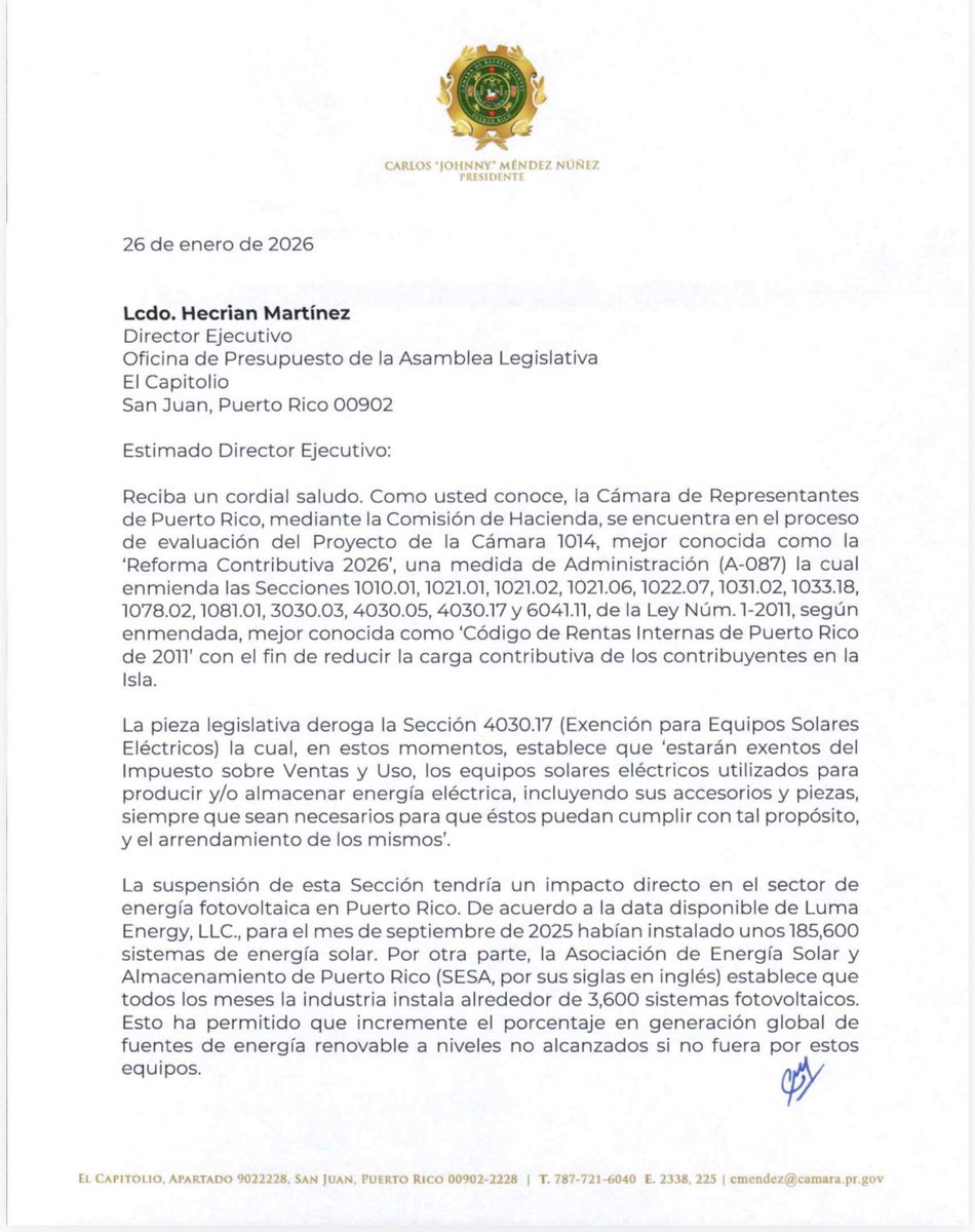 JohnnyMndez36's tweet image. Como anunciamos, hoy enviamos comunicación a la #OPAL para que identifique una fuente de ingreso de $18 millones para así NO suspender la exención a los sistemas solares de nuestra gente y cumplir con aprobar una Reforma Contributiva para el Pueblo.
