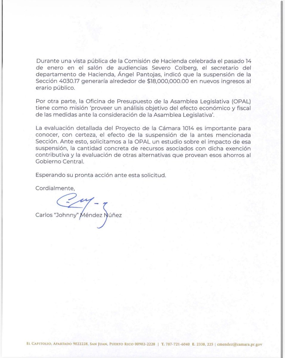 JohnnyMndez36's tweet image. Como anunciamos, hoy enviamos comunicación a la #OPAL para que identifique una fuente de ingreso de $18 millones para así NO suspender la exención a los sistemas solares de nuestra gente y cumplir con aprobar una Reforma Contributiva para el Pueblo.