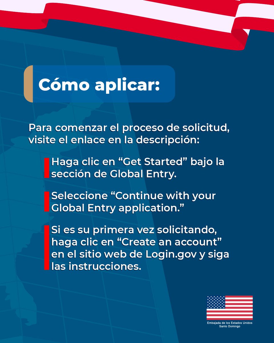 ¡Viaje sin filas a los Estados Unidos! 🇺🇲 El programa Global Entry está abierto y le permite una entrada más rápida a los EE. UU., con quioscos automáticos y un proceso simplificado al llegar. Para aplicar y conocer más detalles sobre este programa acceda a: