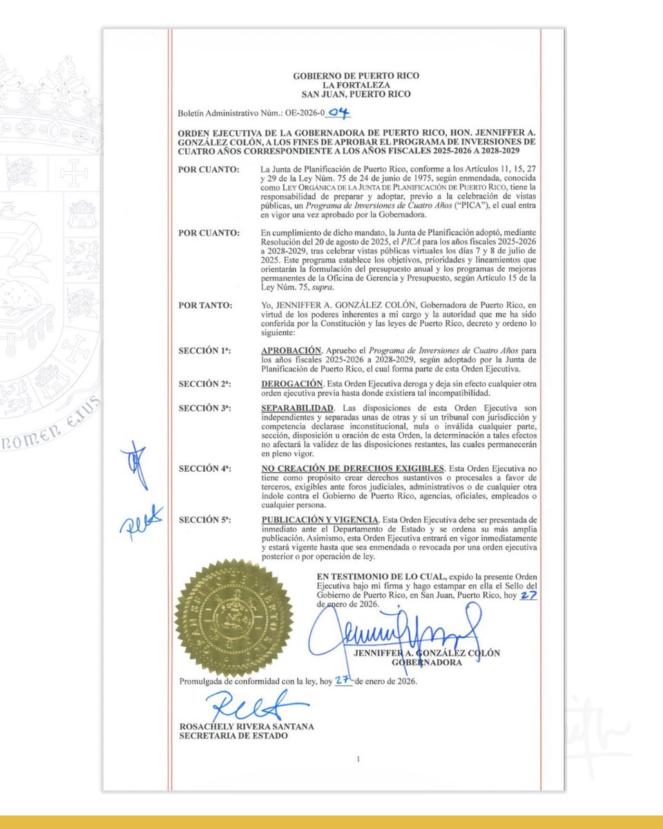 Jenniffer's tweet image. Hoy firmé el Programa de Inversiones de Cuatro Años (“PICA”), para los años fiscales 2025-2026 a 2028-2029. 

Esta medida es el plan de gobierno que organiza y decide, de manera responsable y transparente, en qué se va a invertir el dinero público durante los próximos cuatro…