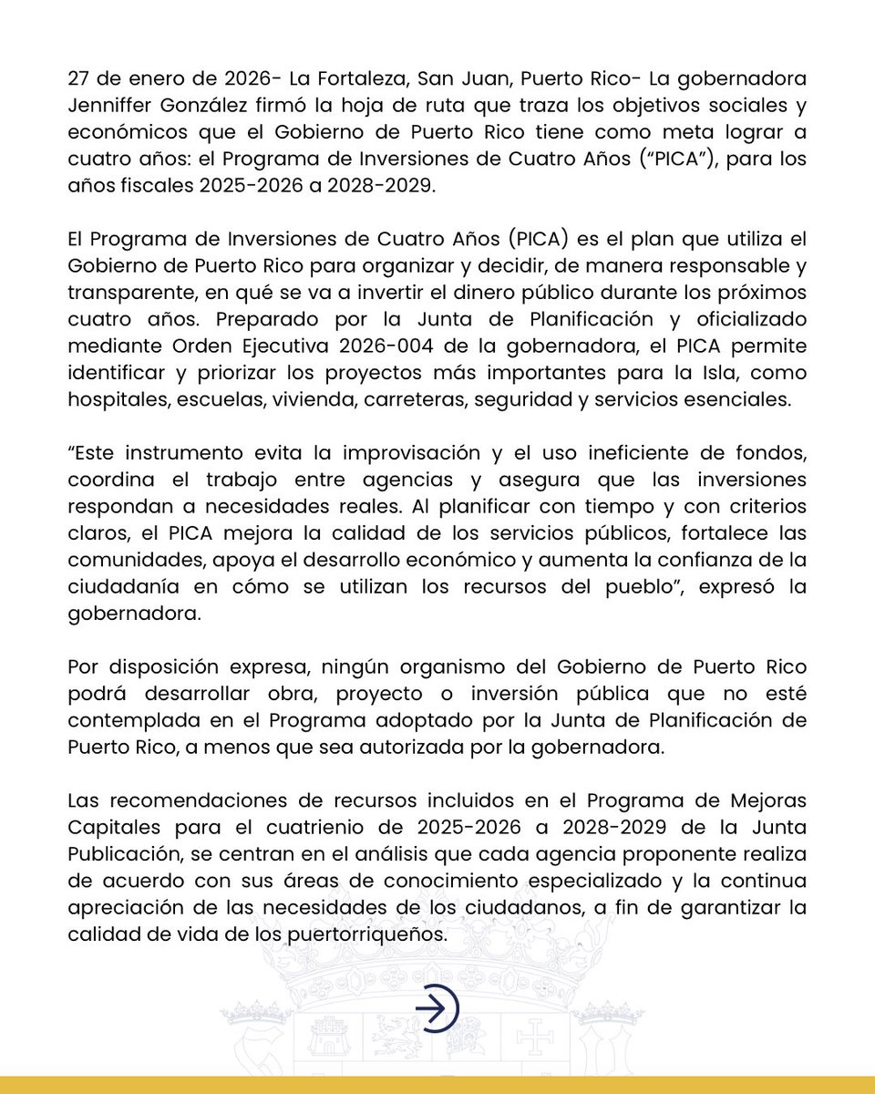 Jenniffer's tweet image. Hoy firmé el Programa de Inversiones de Cuatro Años (“PICA”), para los años fiscales 2025-2026 a 2028-2029. 

Esta medida es el plan de gobierno que organiza y decide, de manera responsable y transparente, en qué se va a invertir el dinero público durante los próximos cuatro…