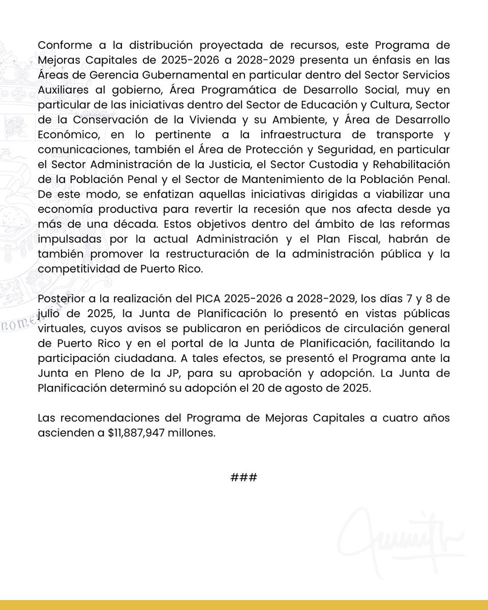 Jenniffer's tweet image. Hoy firmé el Programa de Inversiones de Cuatro Años (“PICA”), para los años fiscales 2025-2026 a 2028-2029. 

Esta medida es el plan de gobierno que organiza y decide, de manera responsable y transparente, en qué se va a invertir el dinero público durante los próximos cuatro…