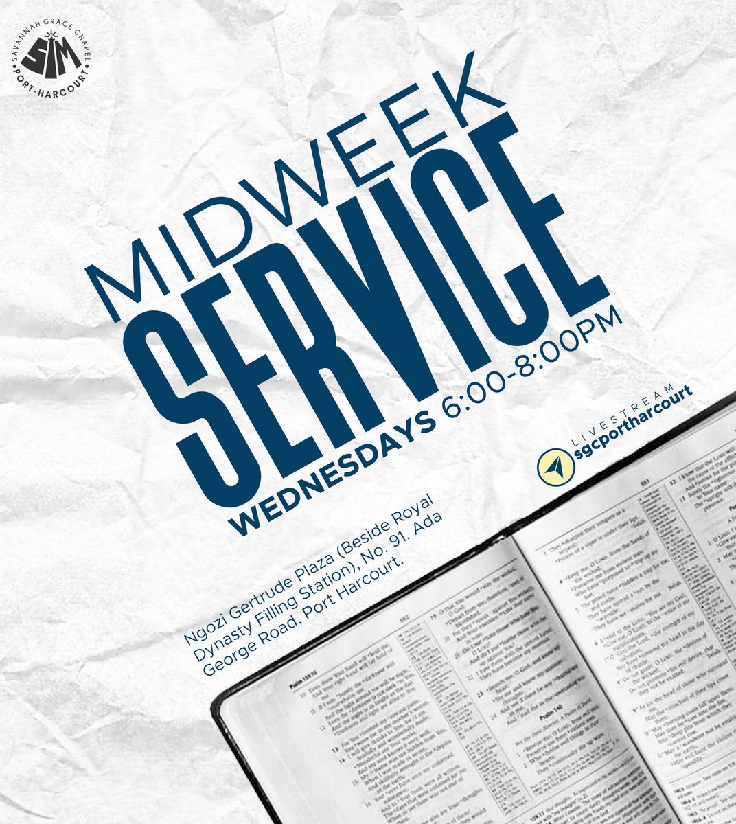 Let's fellowship together in God's Word this Wednesday at Midweek Service.

Join us from 6:00PM on Wednesday.