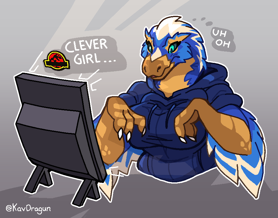 KavDragun's tweet image. [C for @/Champloon , art by me]    

Who could have known a famous phrase from a dinosaur movie would turn you into a dino lady?