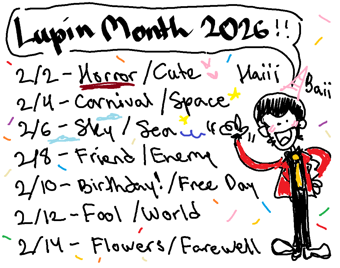 peaterookie's tweet image. #LupinMonth2026

I wanted to make a full drawing for it this year but I think I'm kinda burnt out lol. I didn't want to make my list go to waste though, so here it is in a poorly drawn image. This will be the last one I do for a loong time...

Alt text in the replies