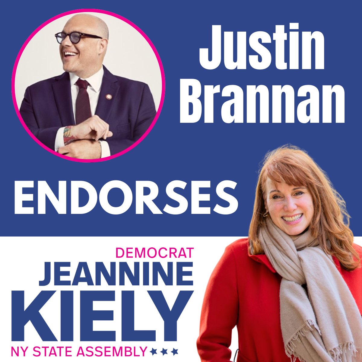 JeannineKiely's tweet photo. Proud to announce our campaign has been endorsed by @JustinBrannan! I'm honored to have such a fearless fighter for working people join our coalition as we work to deliver on the affordability and justice agenda New Yorkers demanded in November. https://t.co/ZnKyR1nJ8u